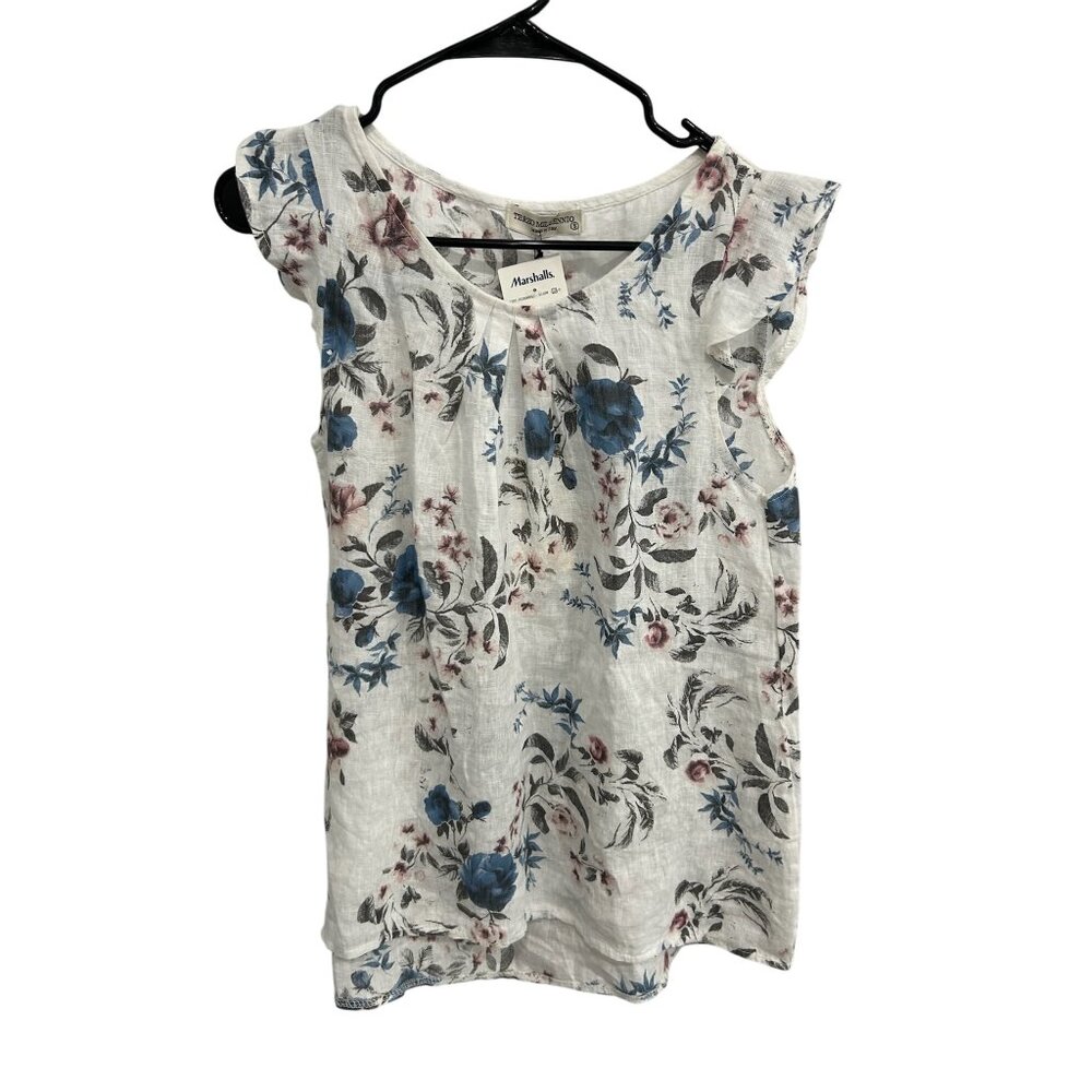 Terzo Millennio Flutter Sleeve Floral Linen Blouse White Blue Sz Small Boho NEW